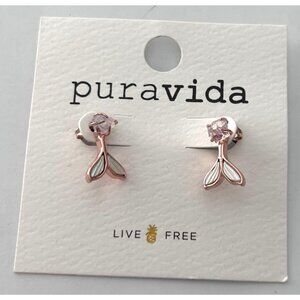 Pura Vida Mermaid Tail Earrings Rose Gold Plated Brass W/ Resin Glass Stone Ster
